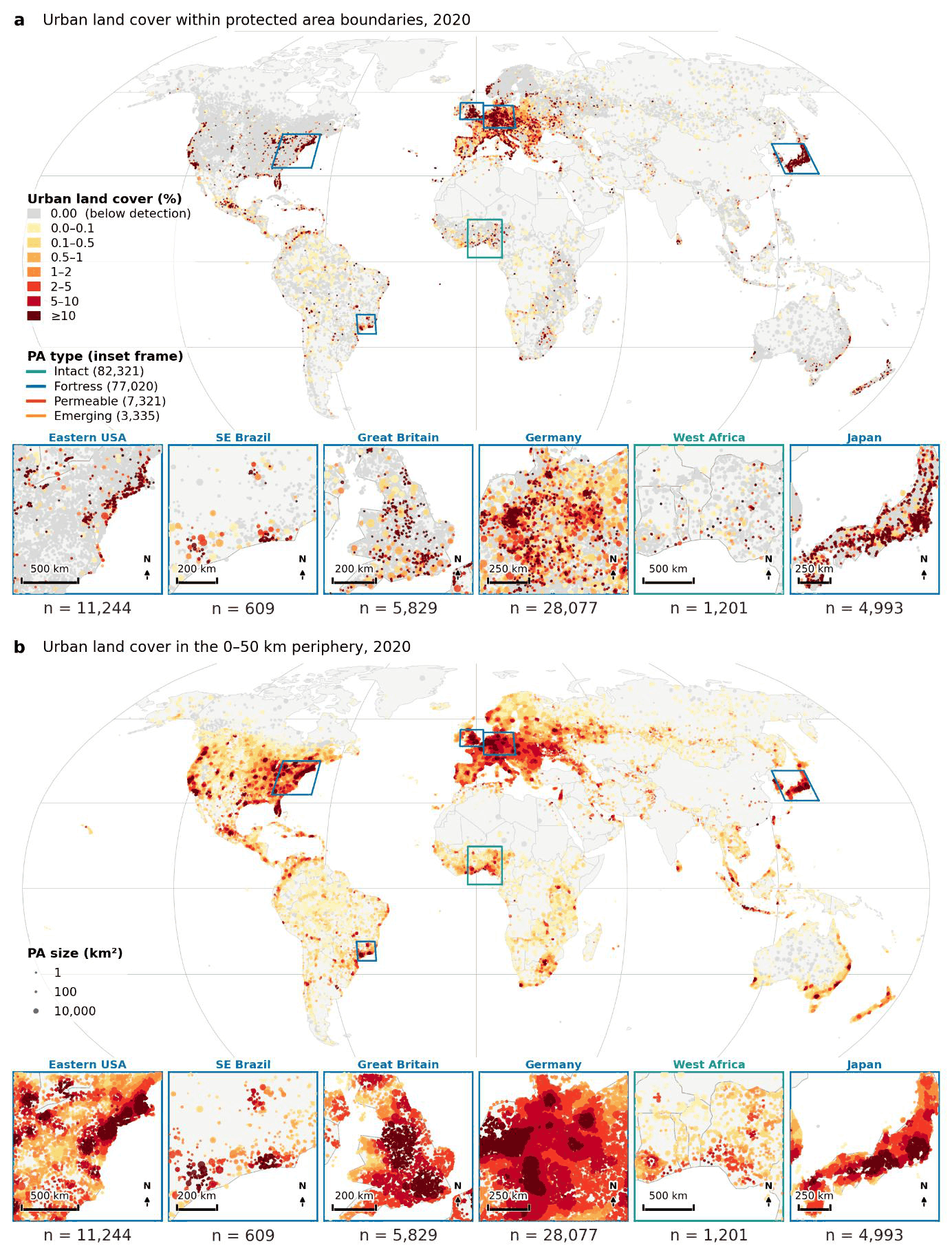 Two world maps of urban land cover within protected area boundaries and within their 50 km periphery in 2020, with regional insets