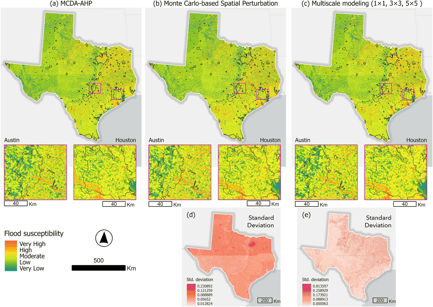Three maps of Texas comparing flood susceptibility under different modelling approaches