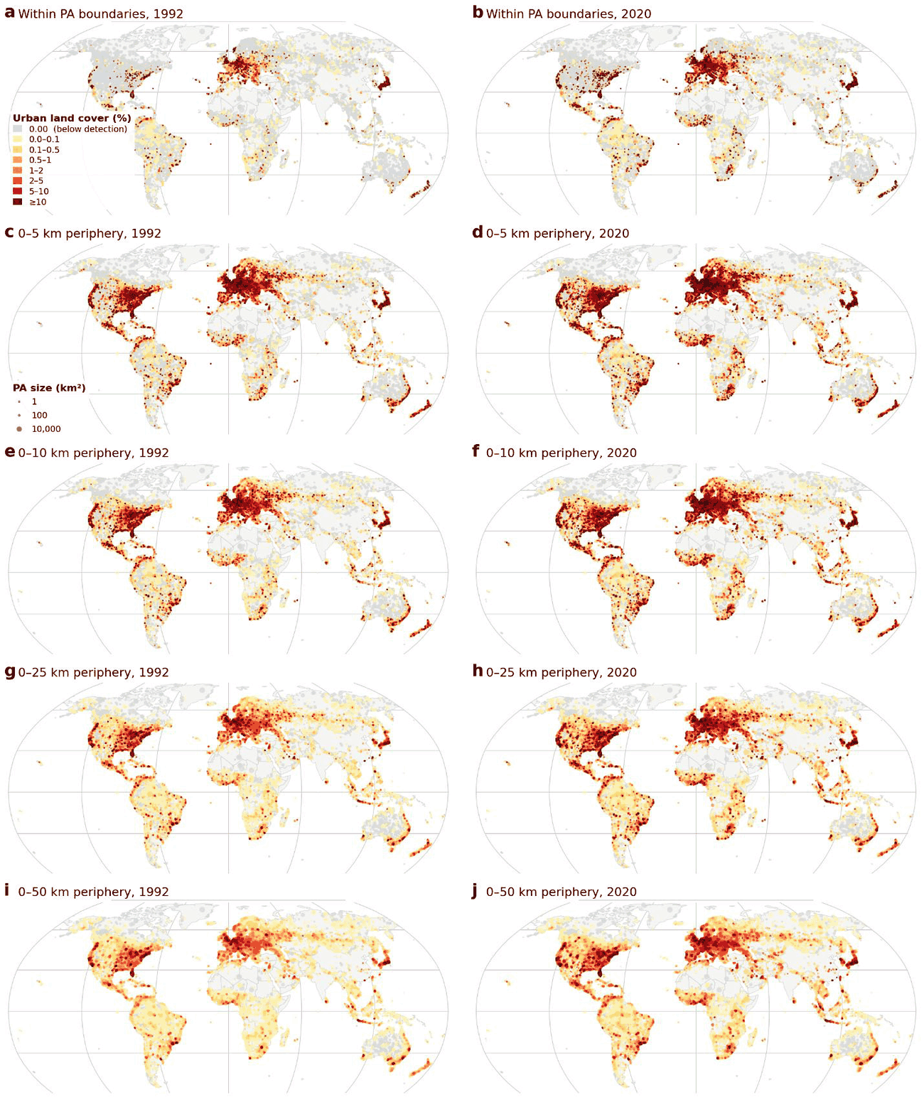Ten world maps of urban land cover within protected areas and across cumulative 5, 10, 25 and 50 km peripheries, 1992 beside 2020