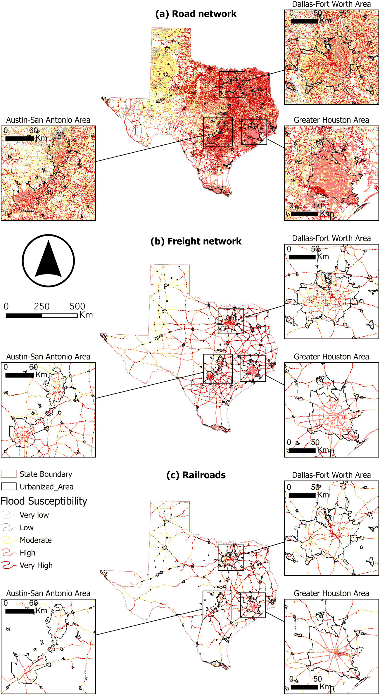 Maps of Texas showing the road, freight, and railroad networks coloured by flood susceptibility, with insets for Dallas-Fort Worth, Houston and Austin-San Antonio